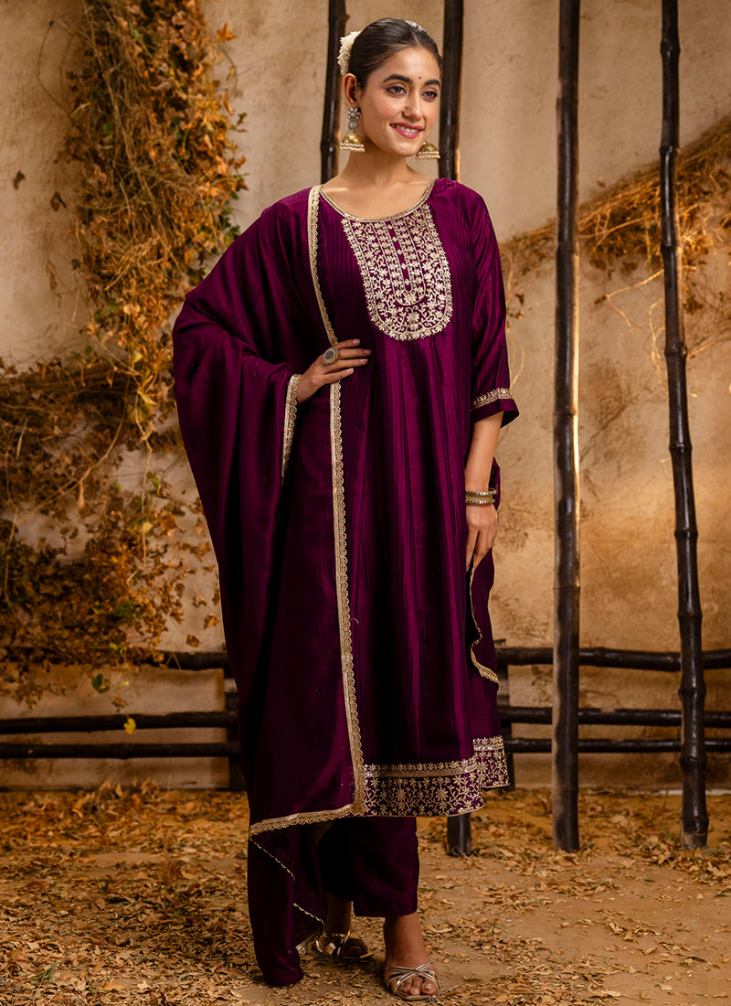 Vellora Silk Blend Wine Party Wear Embroidery Work Readymade Salwar Suit