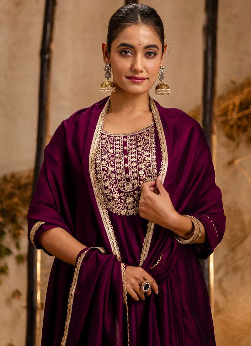 Vellora Silk Blend Wine Party Wear Embroidery Work Readymade Salwar Suit