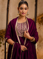 Thumbnail for Vellora Silk Blend Wine Party Wear Embroidery Work Readymade Salwar Suit