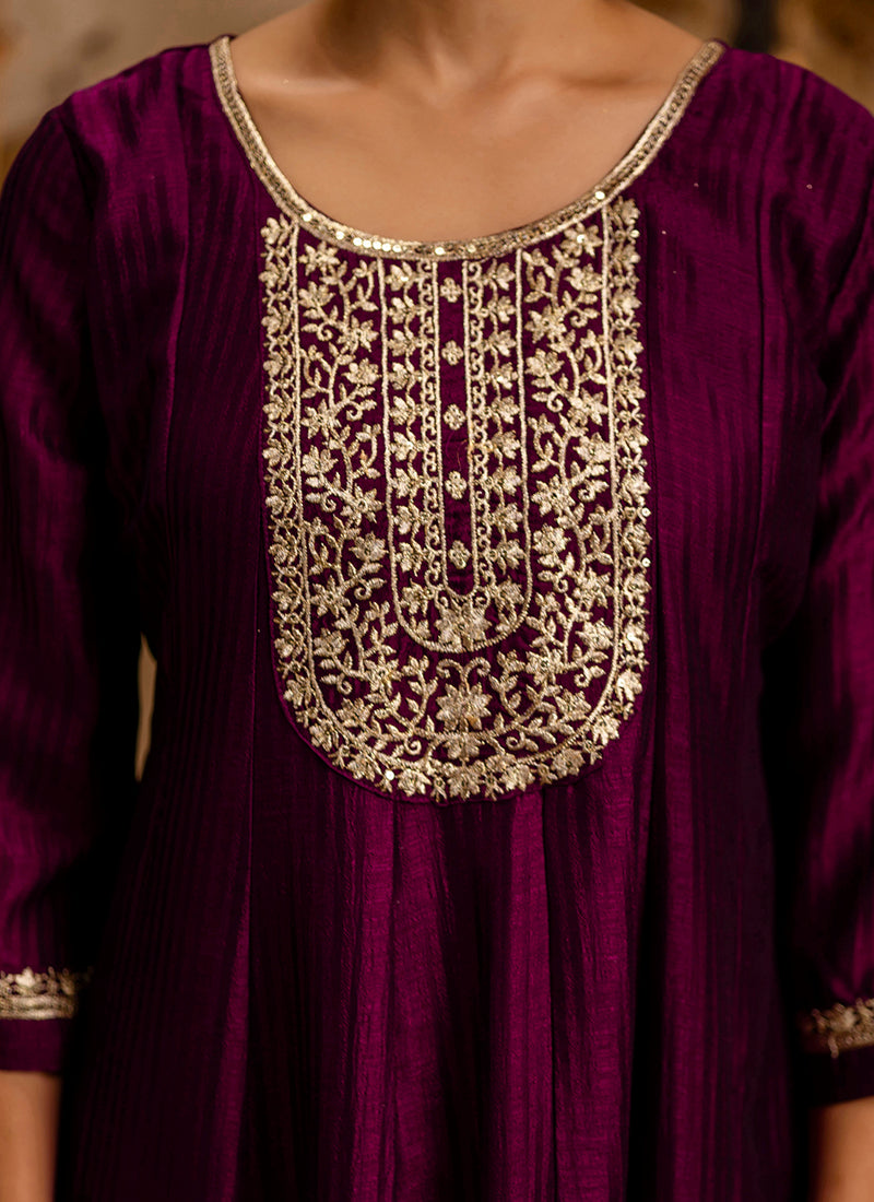 Vellora Silk Blend Wine Party Wear Embroidery Work Readymade Salwar Suit