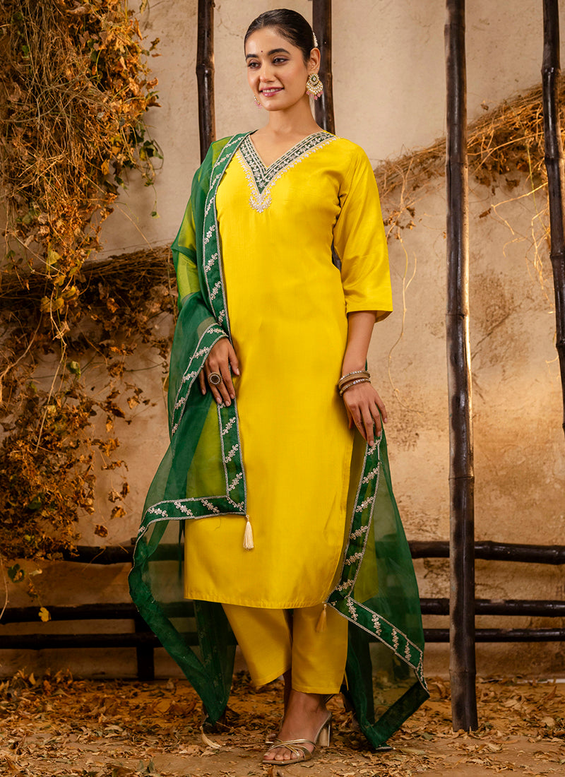 Vellora Silk Blend Yellow Party Wear Embroidery Work Readymade Salwar Suit
