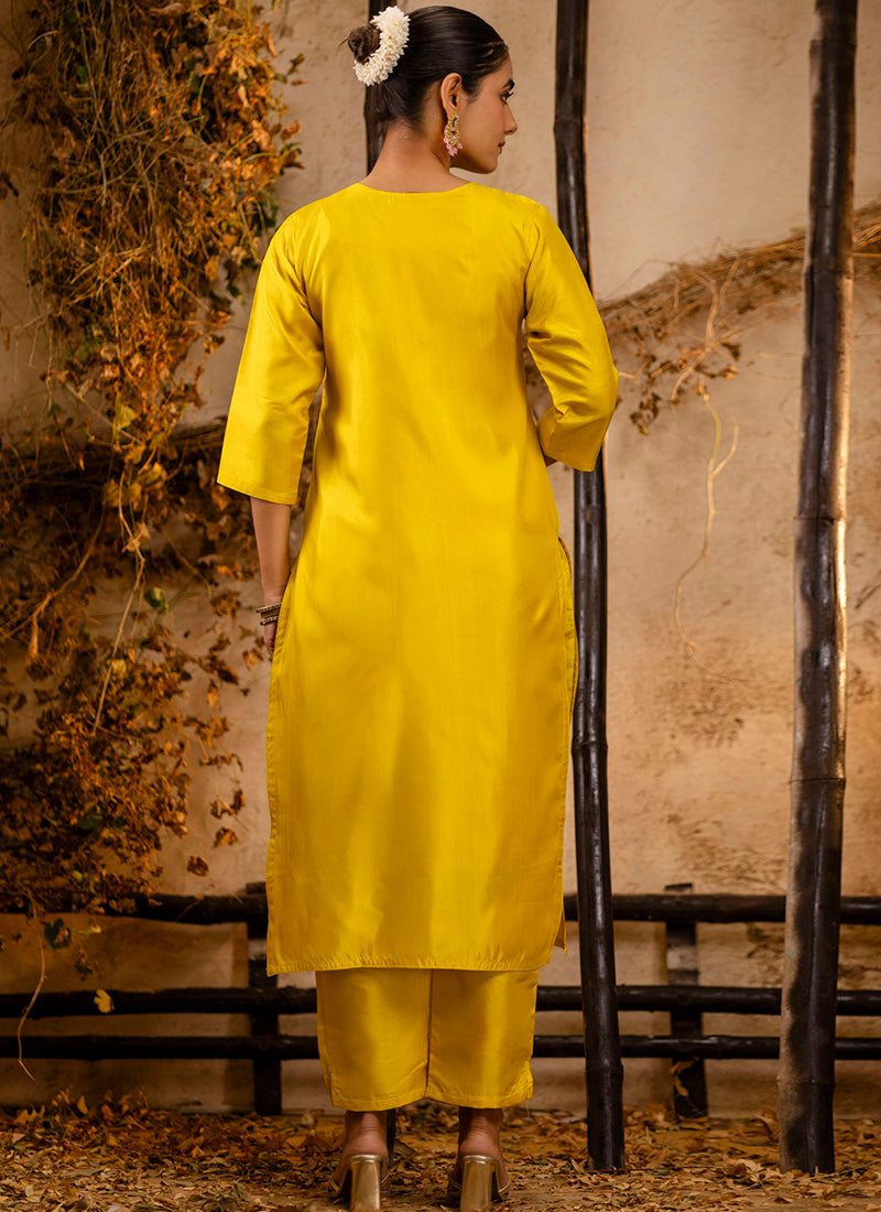 Vellora Silk Blend Yellow Party Wear Embroidery Work Readymade Salwar Suit