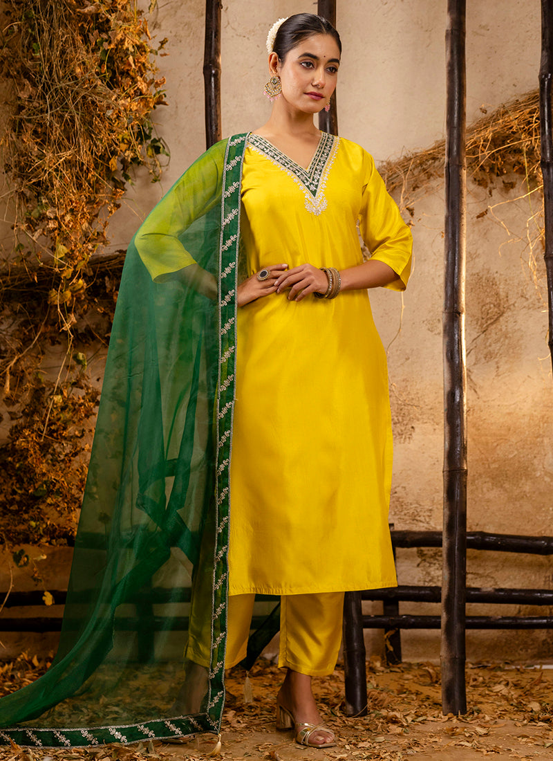 Vellora Silk Blend Yellow Party Wear Embroidery Work Readymade Salwar Suit