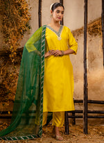 Thumbnail for Vellora Silk Blend Yellow Party Wear Embroidery Work Readymade Salwar Suit