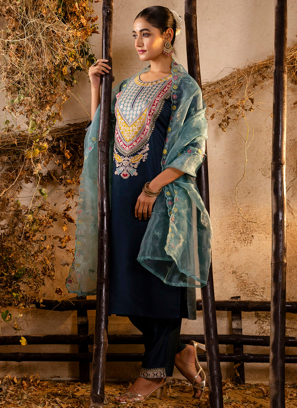 Vellora Viscose Teal Festival Wear Embroidery Work Readymade Salwar Suit