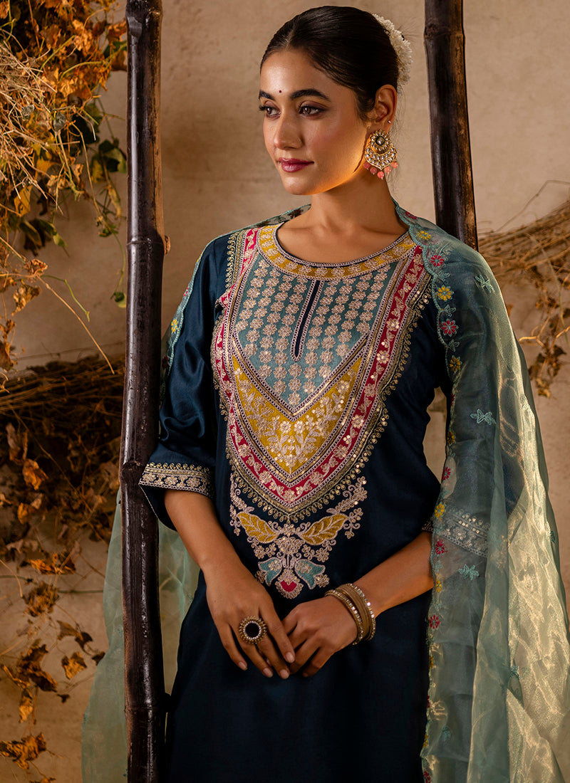 Vellora Viscose Teal Festival Wear Embroidery Work Readymade Salwar Suit