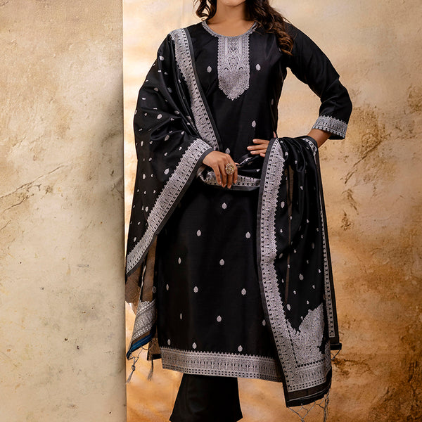 Vellora Cotton Blend Black Party Wear Weaving Work Readymade Salwar Suit