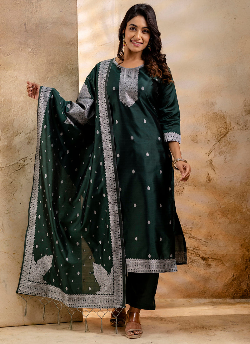 Vellora Cotton Blend Dark Green Party Wear Weaving Work Readymade Salwar Suit