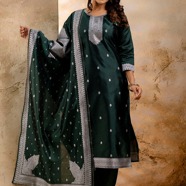 Vellora Cotton Blend Dark Green Party Wear Weaving Work Readymade Salwar Suit