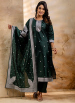 Thumbnail for Vellora Cotton Blend Dark Green Party Wear Weaving Work Readymade Salwar Suit