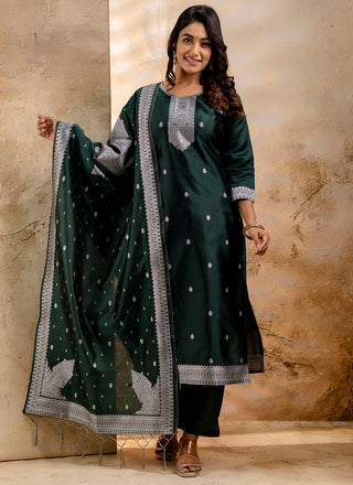 Vellora Cotton Blend Dark Green Party Wear Weaving Work Readymade Salwar Suit