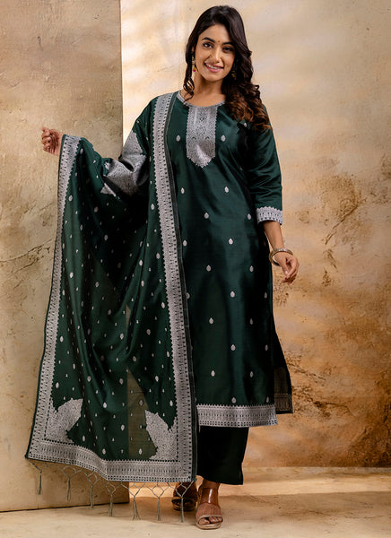 Vellora Cotton Blend Dark Green Party Wear Weaving Work Readymade Salwar Suit