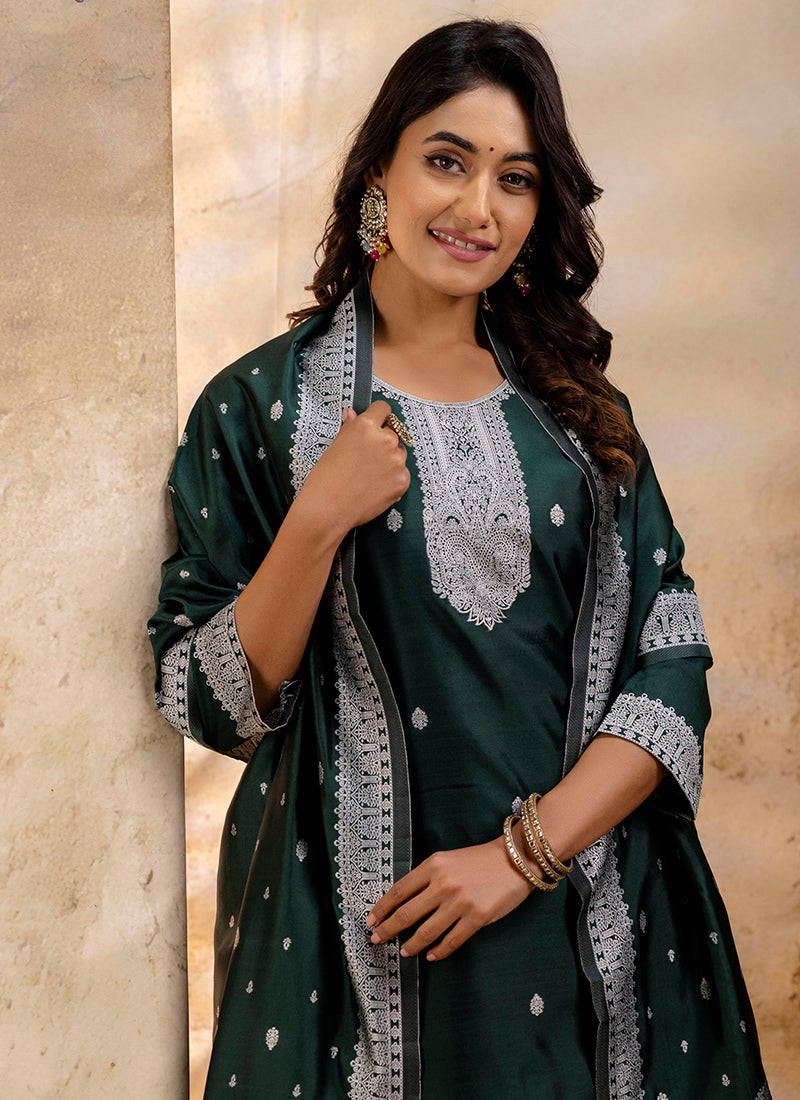 Vellora Cotton Blend Dark Green Party Wear Weaving Work Readymade Salwar Suit