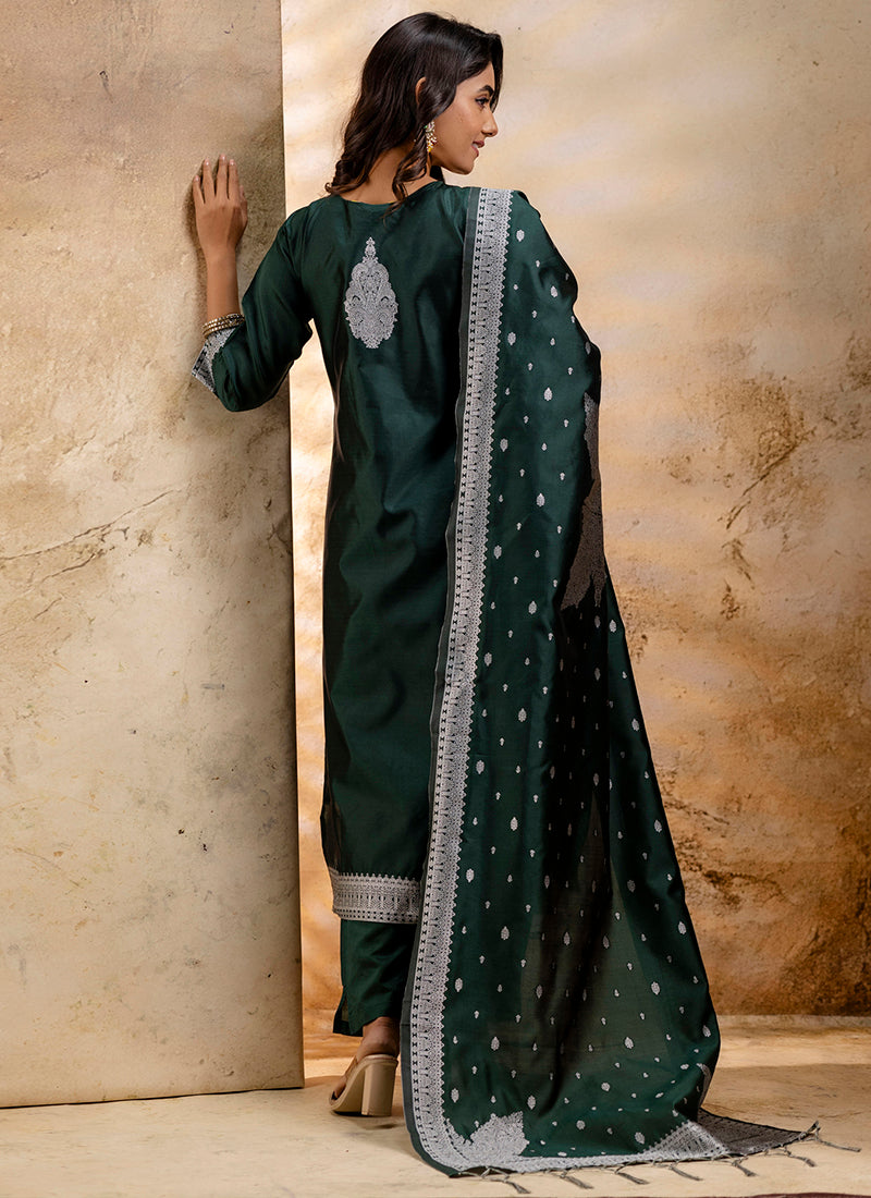 Vellora Cotton Blend Dark Green Party Wear Weaving Work Readymade Salwar Suit