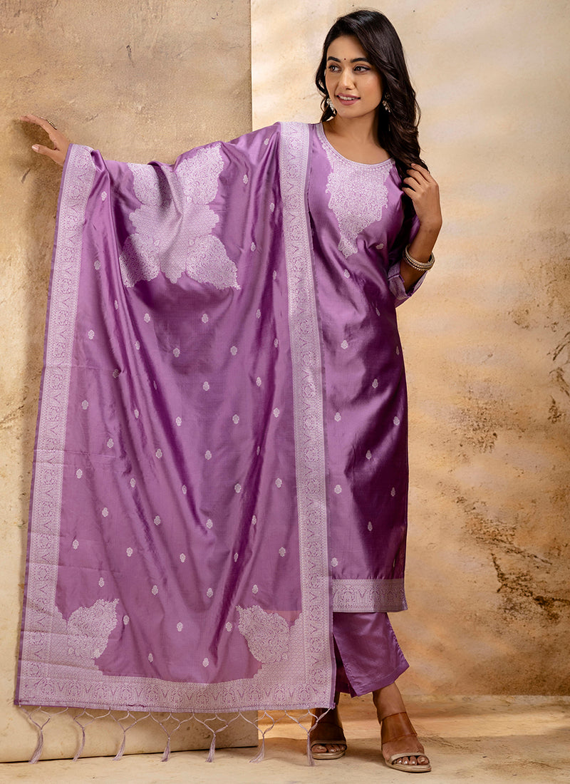 Vellora Cotton Blend Dusty Pink Party Wear Weaving Work Readymade Salwar Suit