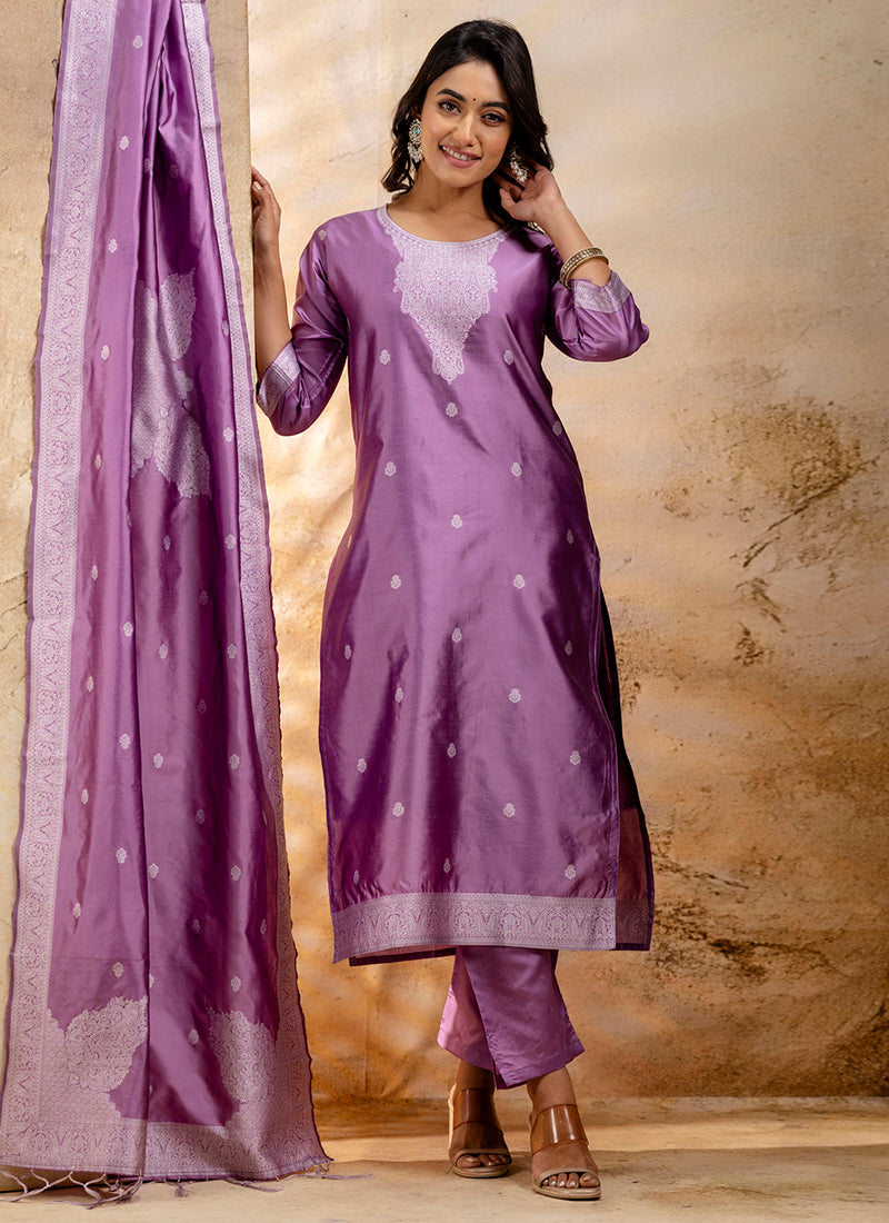 Vellora Cotton Blend Dusty Pink Party Wear Weaving Work Readymade Salwar Suit