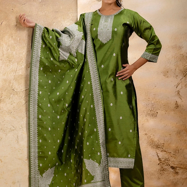 Vellora Cotton Blend Mehendi Party Wear Weaving Work Readymade Salwar Suit