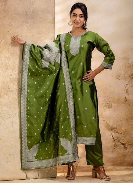 Vellora Cotton Blend Mehendi Party Wear Weaving Work Readymade Salwar Suit