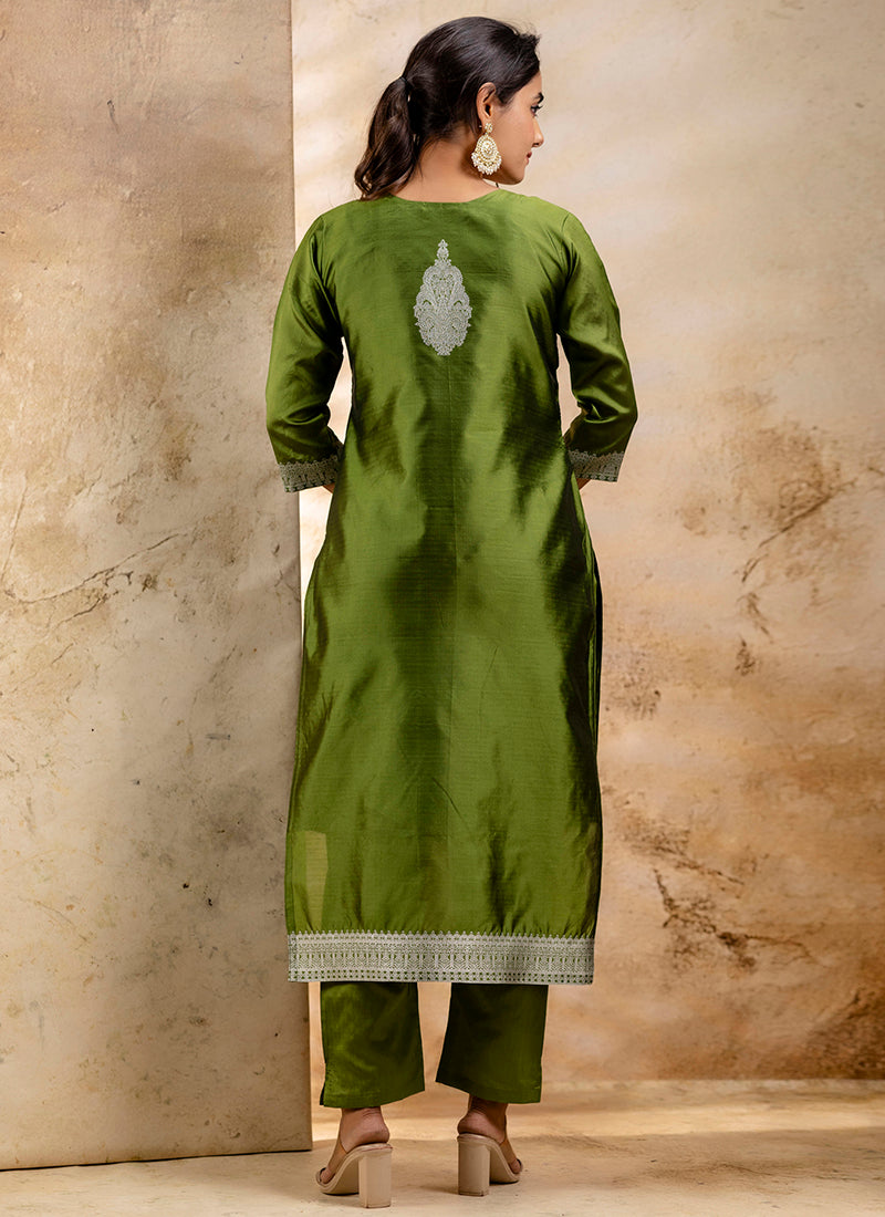 Vellora Cotton Blend Mehendi Party Wear Weaving Work Readymade Salwar Suit
