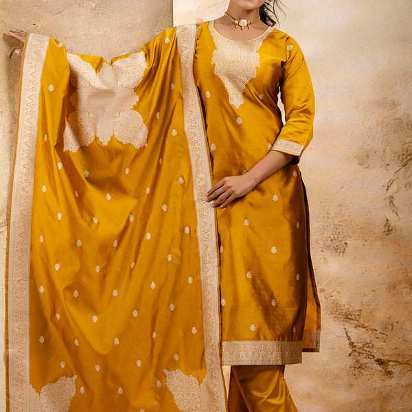 Vellora Cotton Blend Mustard Party Wear Weaving Work Readymade Salwar Suit