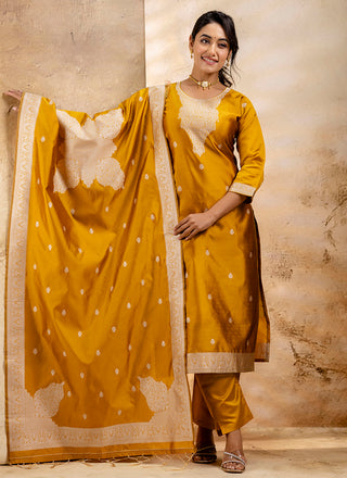 Vellora Cotton Blend Mustard Party Wear Weaving Work Readymade Salwar Suit