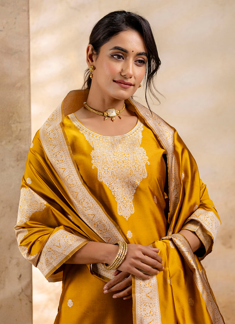 Vellora Cotton Blend Mustard Party Wear Weaving Work Readymade Salwar Suit