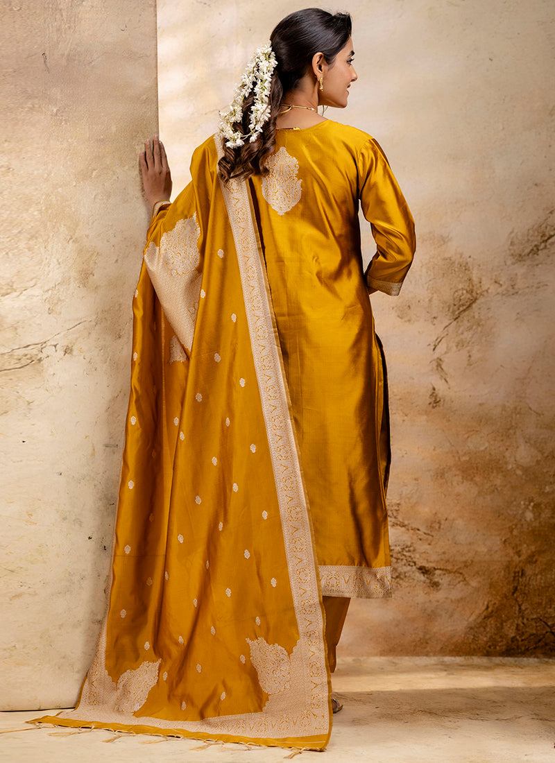 Vellora Cotton Blend Mustard Party Wear Weaving Work Readymade Salwar Suit