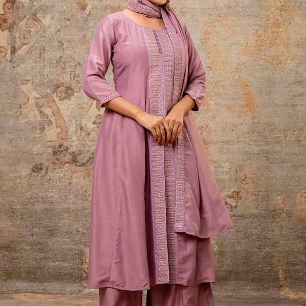 Vellora Silk Blend Dusty Pink Casual Wear Embroidery Work Readymade Plazzo Suit - Distacart