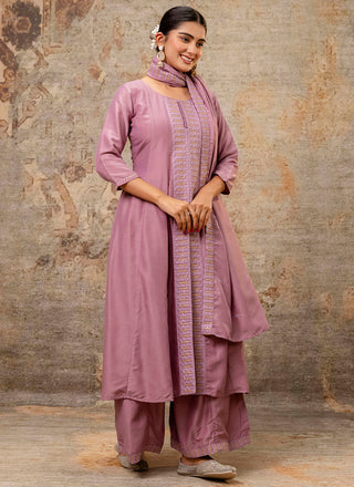 Vellora Silk Blend Dusty Pink Casual Wear Embroidery Work Readymade Plazzo Suit