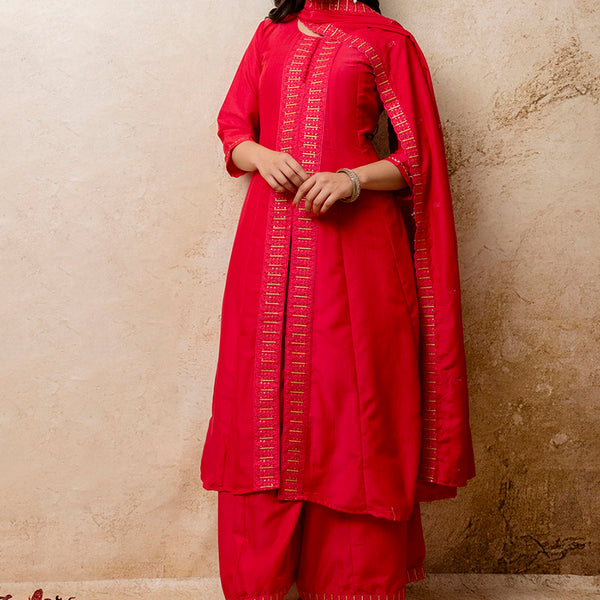 Vellora Silk Blend Red Casual Wear Embroidery Work Readymade Plazzo Suit