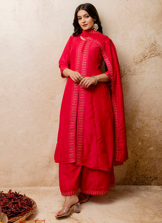 Vellora Silk Blend Red Casual Wear Embroidery Work Readymade Plazzo Suit