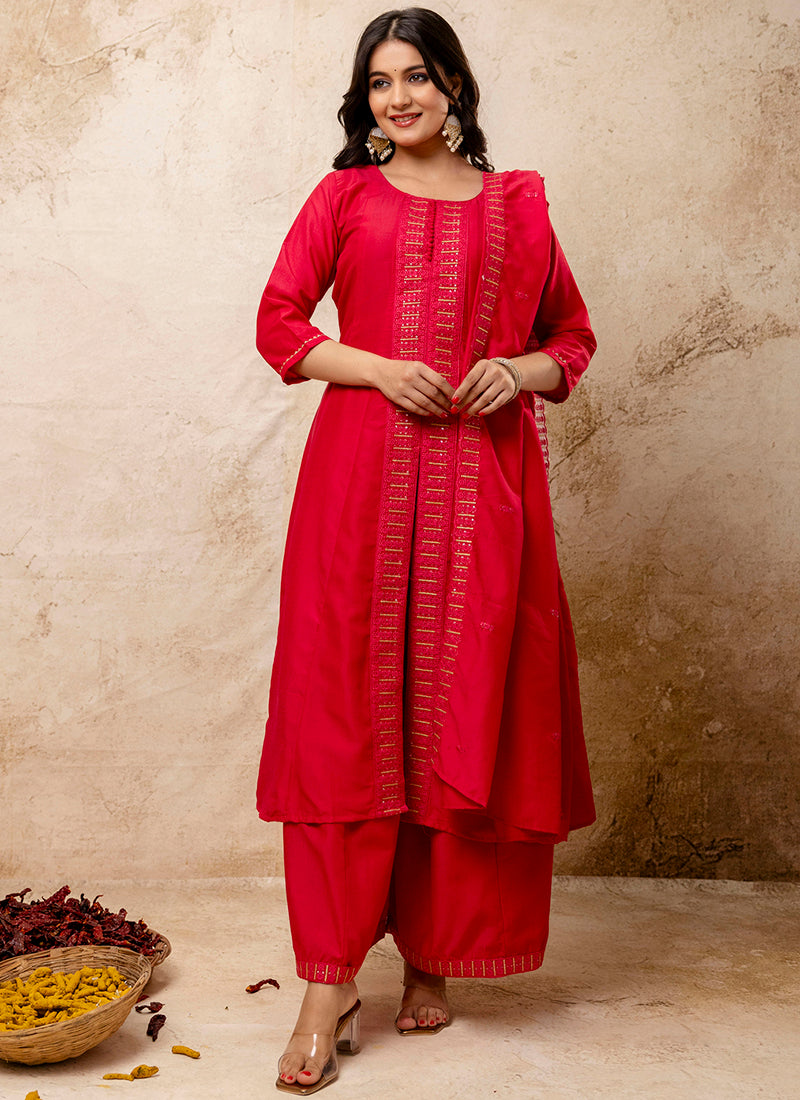 Vellora Silk Blend Red Casual Wear Embroidery Work Readymade Plazzo Suit