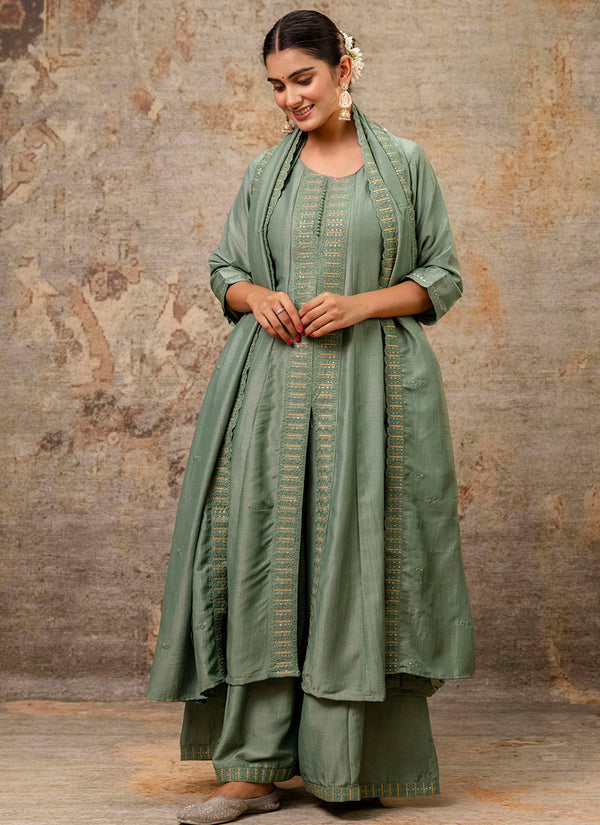 Vellora Silk Blend Sage Green Casual Wear Embroidery Work Readymade Plazzo Suit