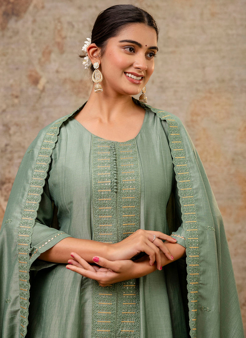 Vellora Silk Blend Sage Green Casual Wear Embroidery Work Readymade Plazzo Suit