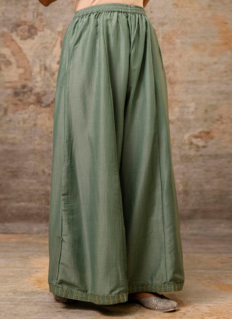 Vellora Silk Blend Sage Green Casual Wear Embroidery Work Readymade Plazzo Suit