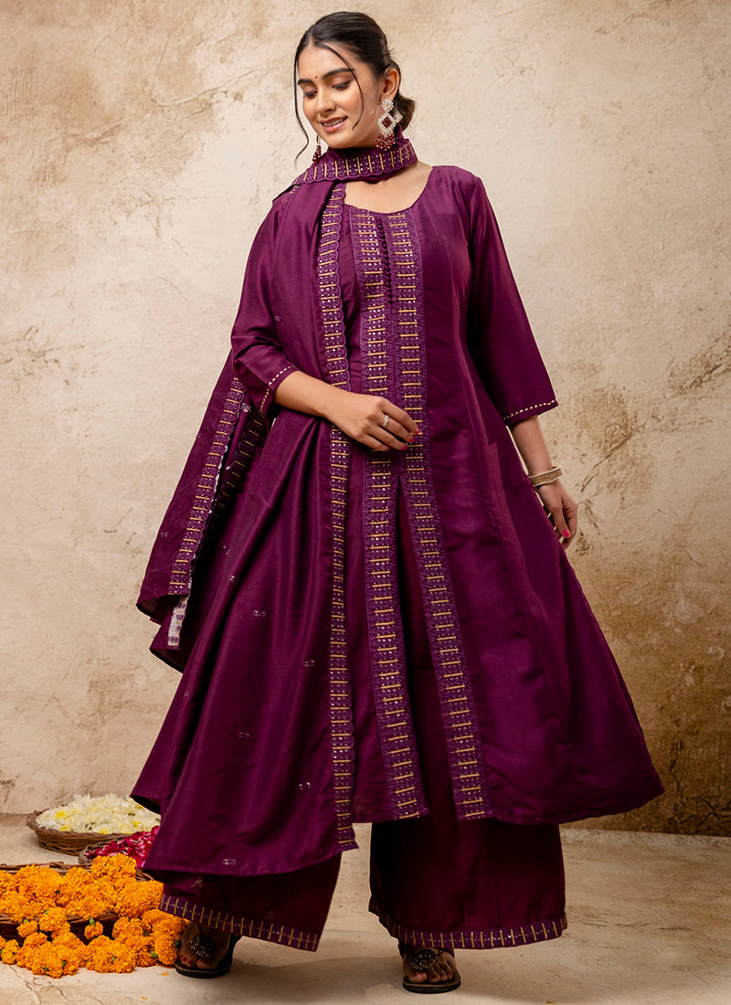 Vellora Silk Blend Wine Casual Wear Embroidery Work Readymade Plazzo Suit