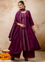 Thumbnail for Vellora Silk Blend Wine Casual Wear Embroidery Work Readymade Plazzo Suit