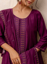 Thumbnail for Vellora Silk Blend Wine Casual Wear Embroidery Work Readymade Plazzo Suit