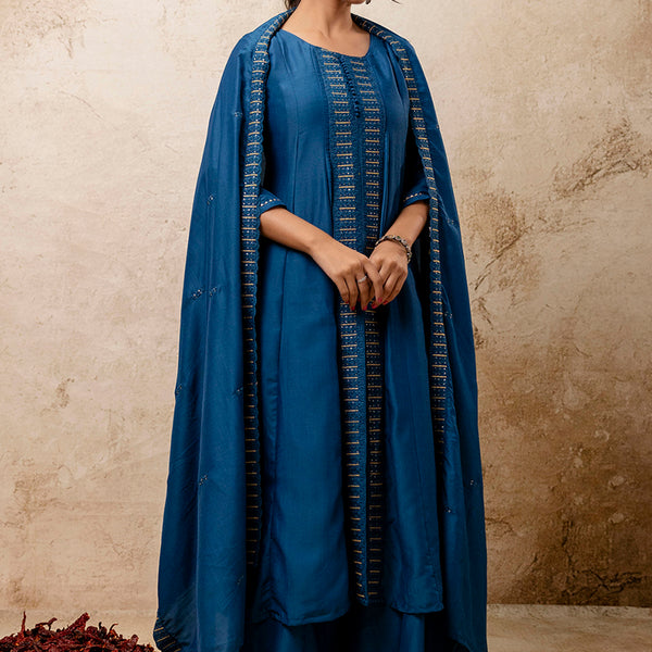 Vellora Silk Blend Navy Blue Casual Wear Embroidery Work Readymade Plazzo Suit - Distacart