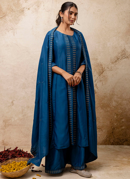 Vellora Silk Blend Navy Blue Casual Wear Embroidery Work Readymade Plazzo Suit