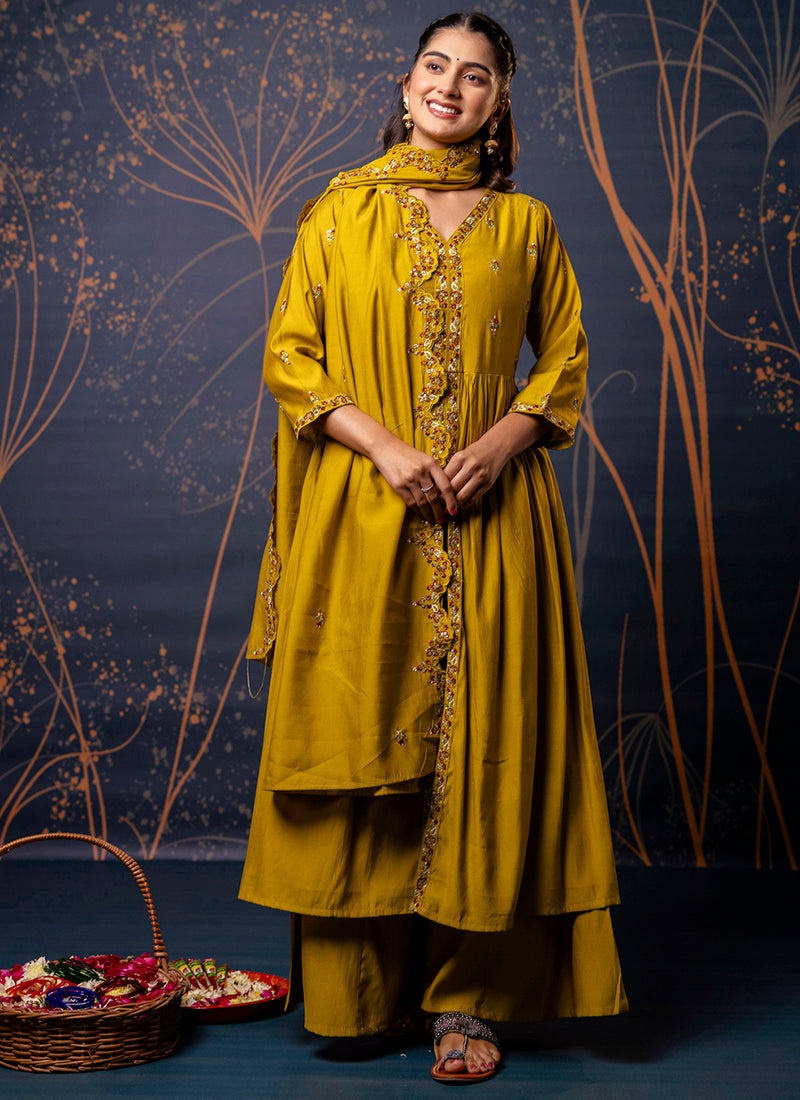 Vellora Silk Blend Mustard Designer Wear Embroidery Work Readymade Anarkali Suit