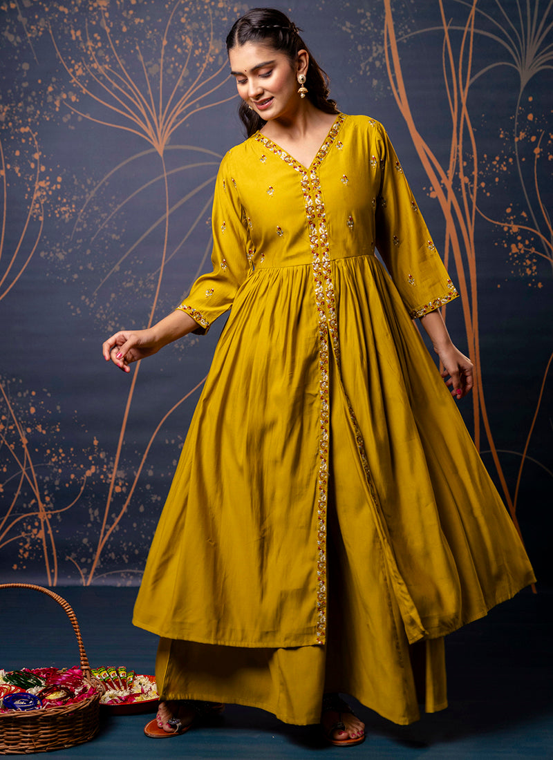 Vellora Silk Blend Mustard Designer Wear Embroidery Work Readymade Anarkali Suit