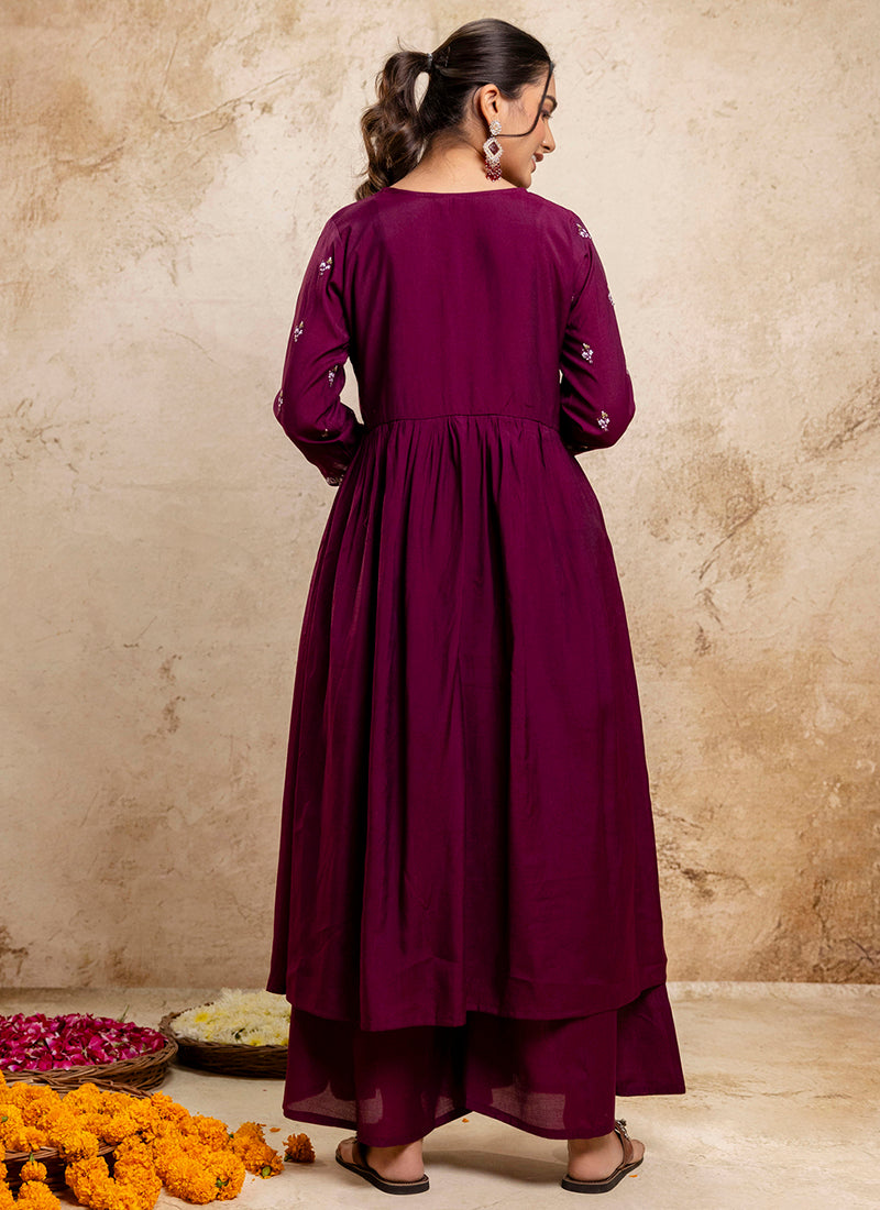 Vellora Silk Blend Wine Designer Wear Embroidery Work Readymade Anarkali Suit