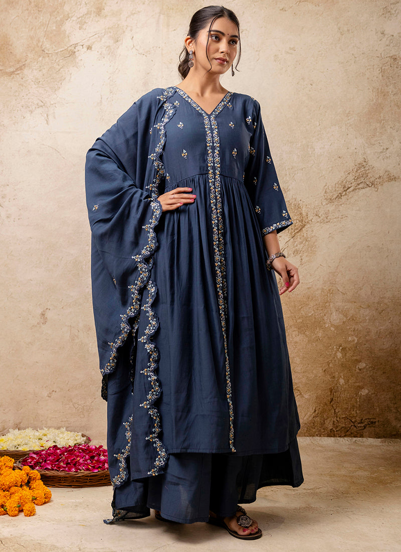 Vellora Silk Blend Teal Designer Wear Embroidery Work Readymade Anarkali Suit