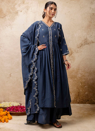 Vellora Silk Blend Teal Designer Wear Embroidery Work Readymade Anarkali Suit