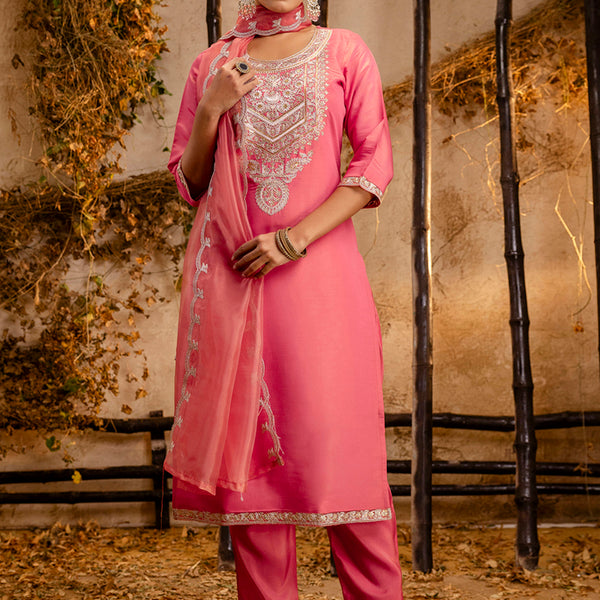 Vellora Silk Blend Pink Party Wear Embroidery Work Readymade Salwar Suit