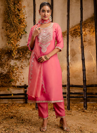 Vellora Silk Blend Pink Party Wear Embroidery Work Readymade Salwar Suit