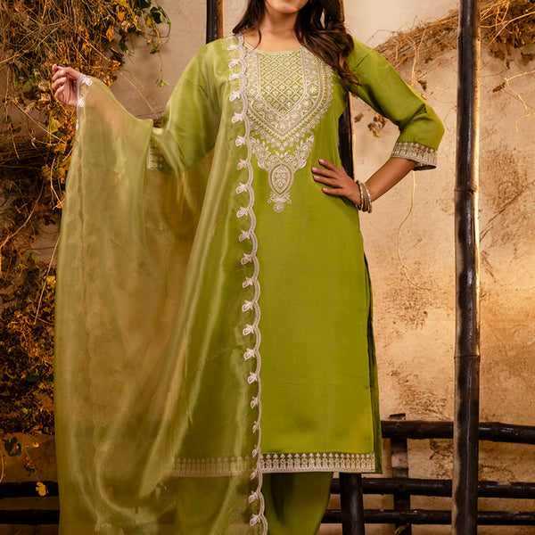 Vellora Silk Blend Olive Green Party Wear Embroidery Work Readymade Salwar Suit - Distacart