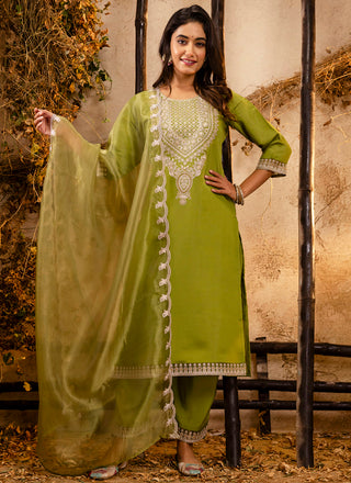 Vellora Silk Blend Olive Green Party Wear Embroidery Work Readymade Salwar Suit