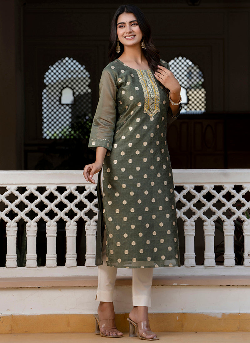 Vellora Silk Blend Brown Party Wear Embroidery Work Readymade Kurti